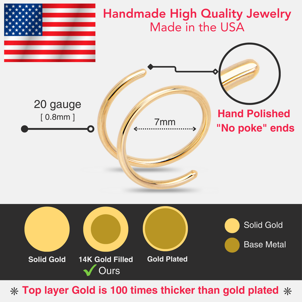 Double Hoop Nose 14k Yellow Gold Filled Spiral Nose Ring 20G 8mm Right