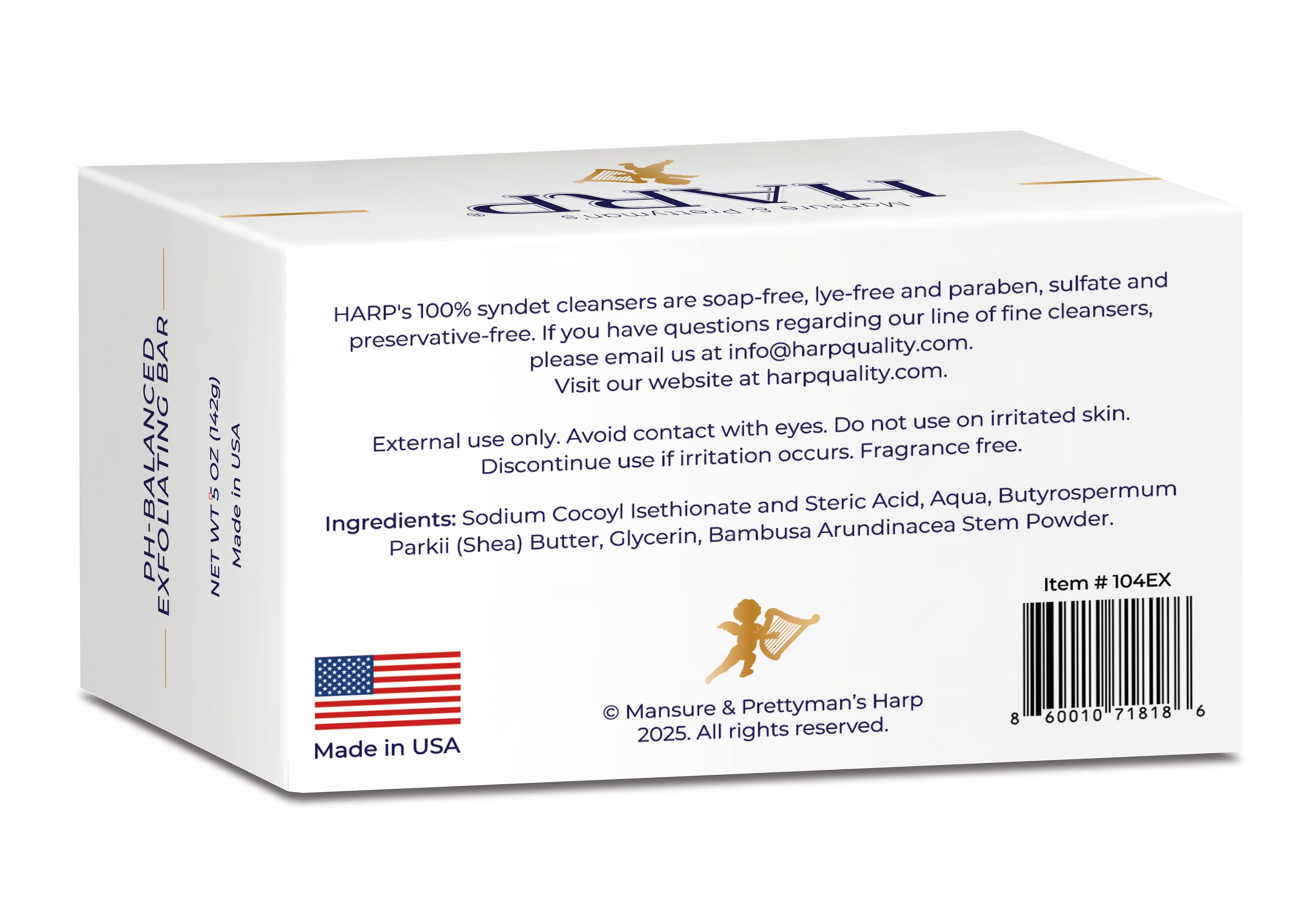 HARP® Exfoliating Body Wash Bar – pH Balanced Syndet Cleanser with Bamboo Powder, FRAGRANCE-FREE, Soap-Free & No Lye, Non-Comedogenic, Gentle Exfoliation for Smooth Skin, 5 oz