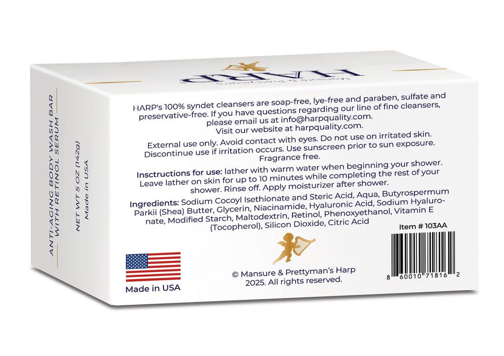 HARP® Anti-Aging Body Wash Bar with Retinol – pH Balanced Syndet Cleanser, FRAGRANCE FREE, Soap-Free & No Lye, Non-Comedogenic, With Niacinamide, Hyaluronic Acid & Vitamin E, 5 oz