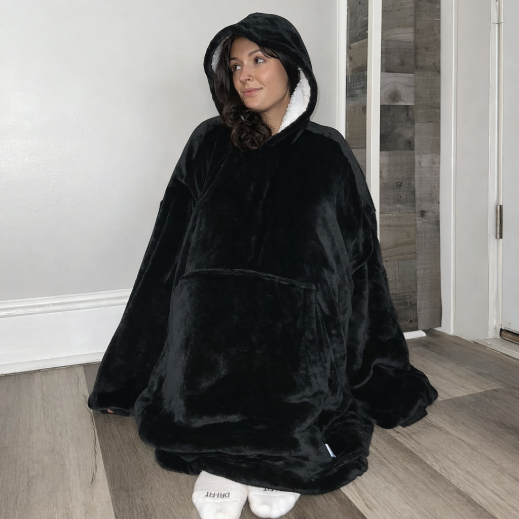 black Wearable Sherpa Blanket Hoodie oversize for Kids & Adults | OLM Toys