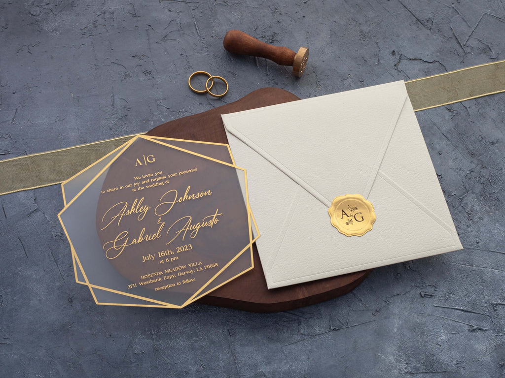 Ivory and Gold Acrylic Wedding Invitations – Hexagonal Design