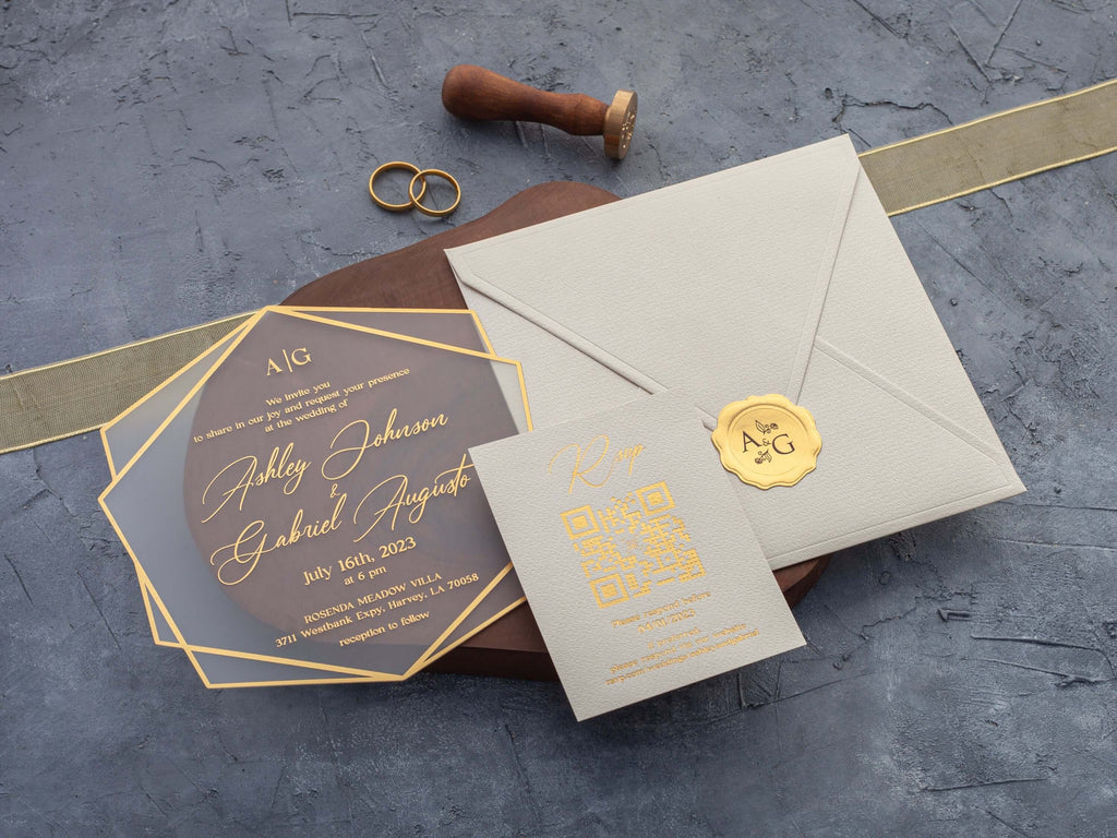 Ivory and Gold Acrylic Wedding Invitations – Hexagonal Design