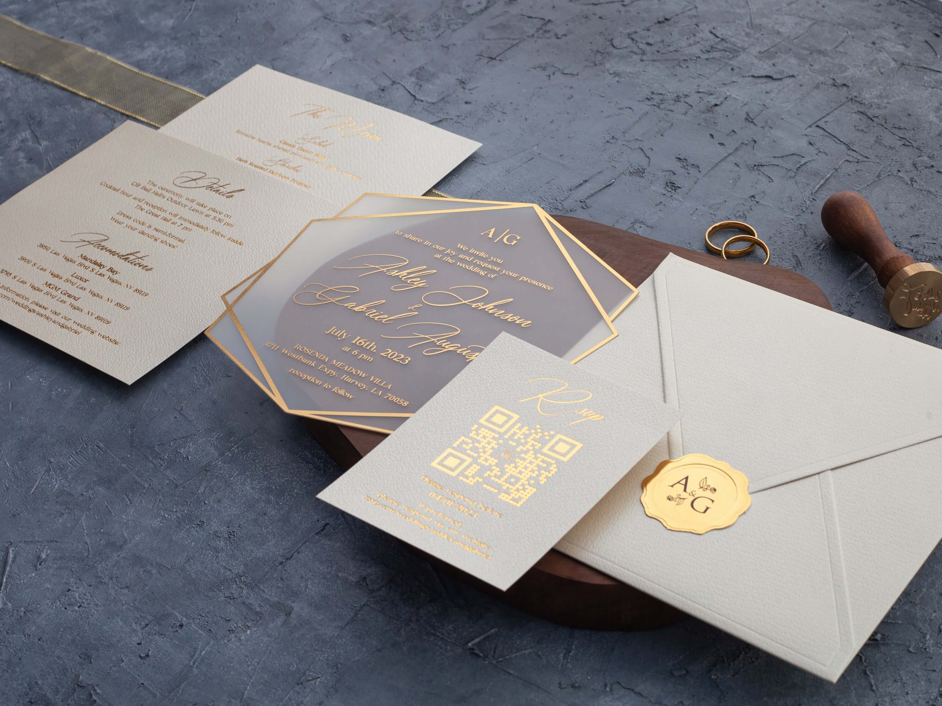 Ivory and Gold Acrylic Wedding Invitations – Hexagonal Design