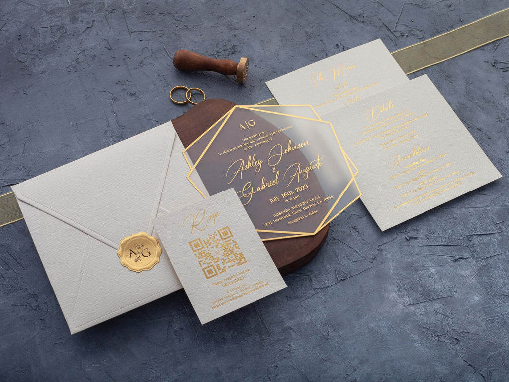 Ivory and Gold Acrylic Wedding Invitations – Hexagonal Design