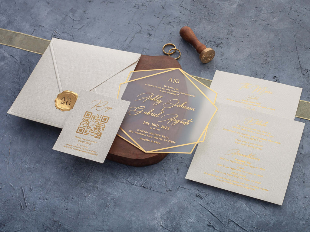 Ivory and Gold Acrylic Wedding Invitations – Hexagonal Design