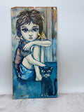 Vintage Big-Eye Girl Artwork with Black Cat