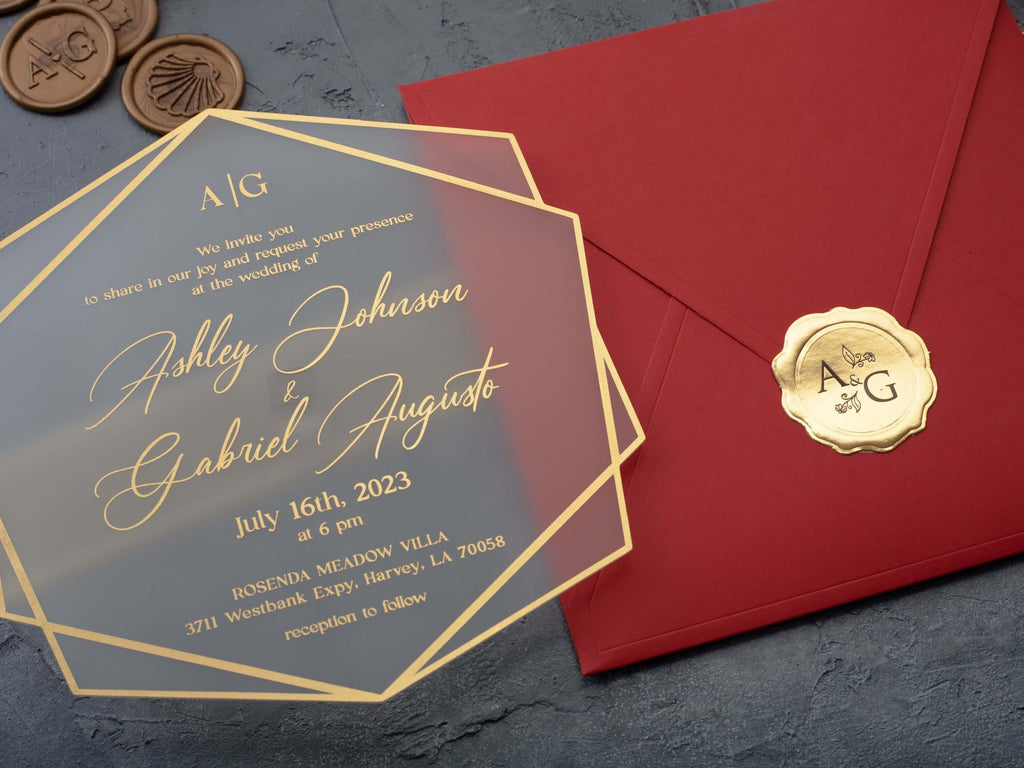 Red and Gold Acrylic Wedding Invitation - Opulent Elegance