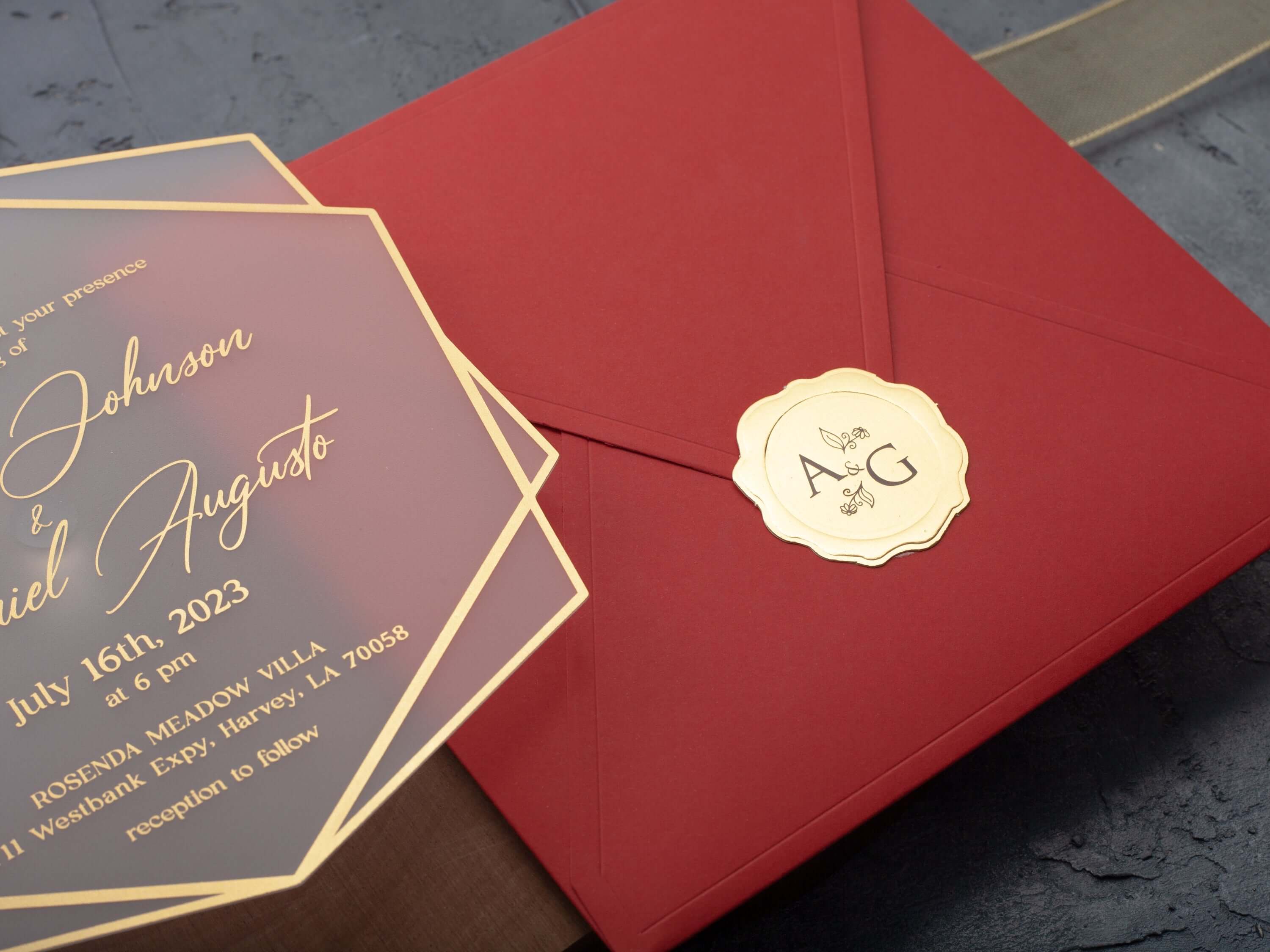 Red and Gold Acrylic Wedding Invitation - Opulent Elegance