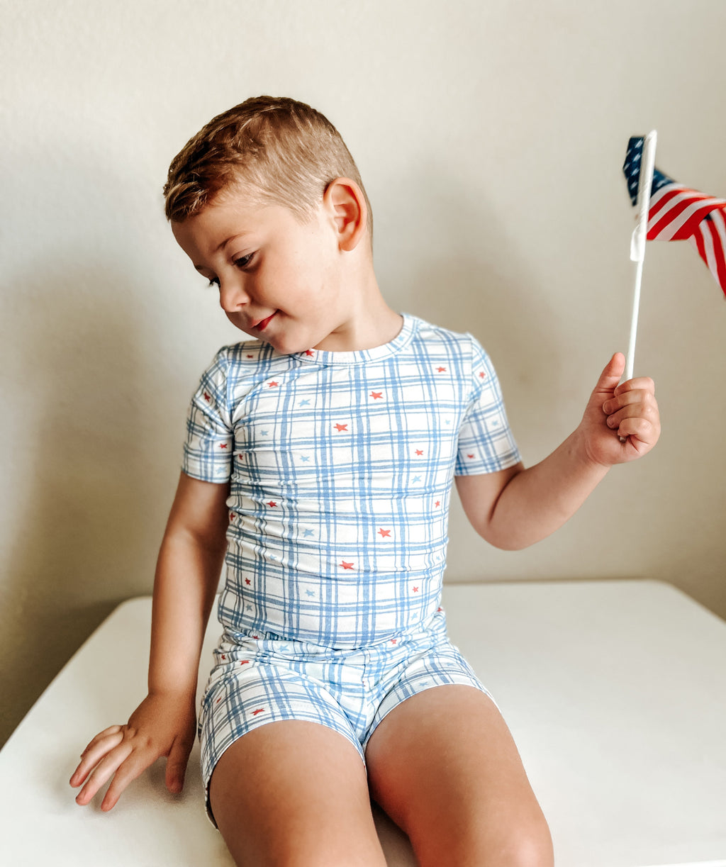 Red White & Blue Stars Gingham 2pc Bamboo Pajamas