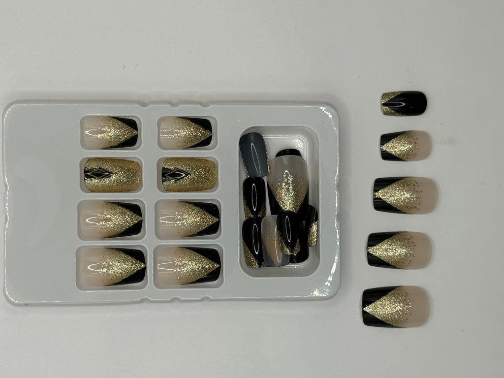 Midnight Luxe Press-On Nails – Black & Gold Glitter Elegance