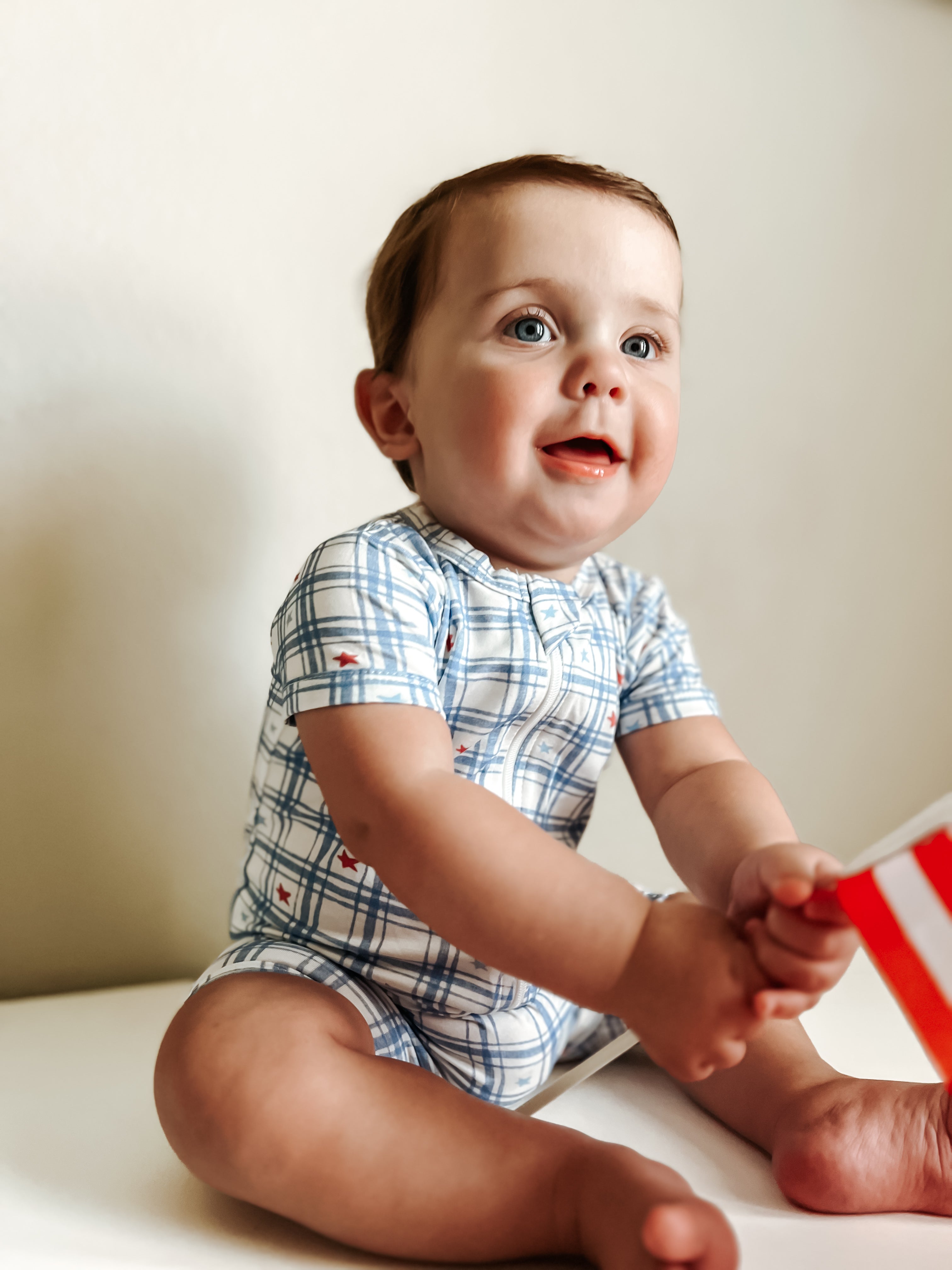 Red White & Blue Stars Gingham Bamboo Shorty Romper