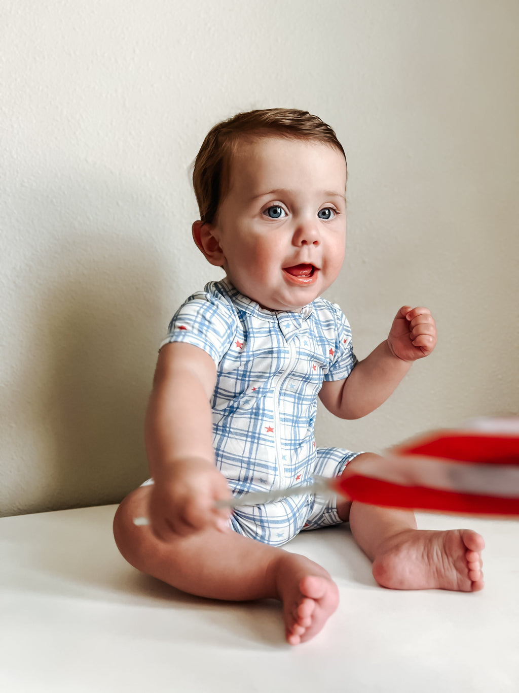 Red White & Blue Stars Gingham Bamboo Shorty Romper