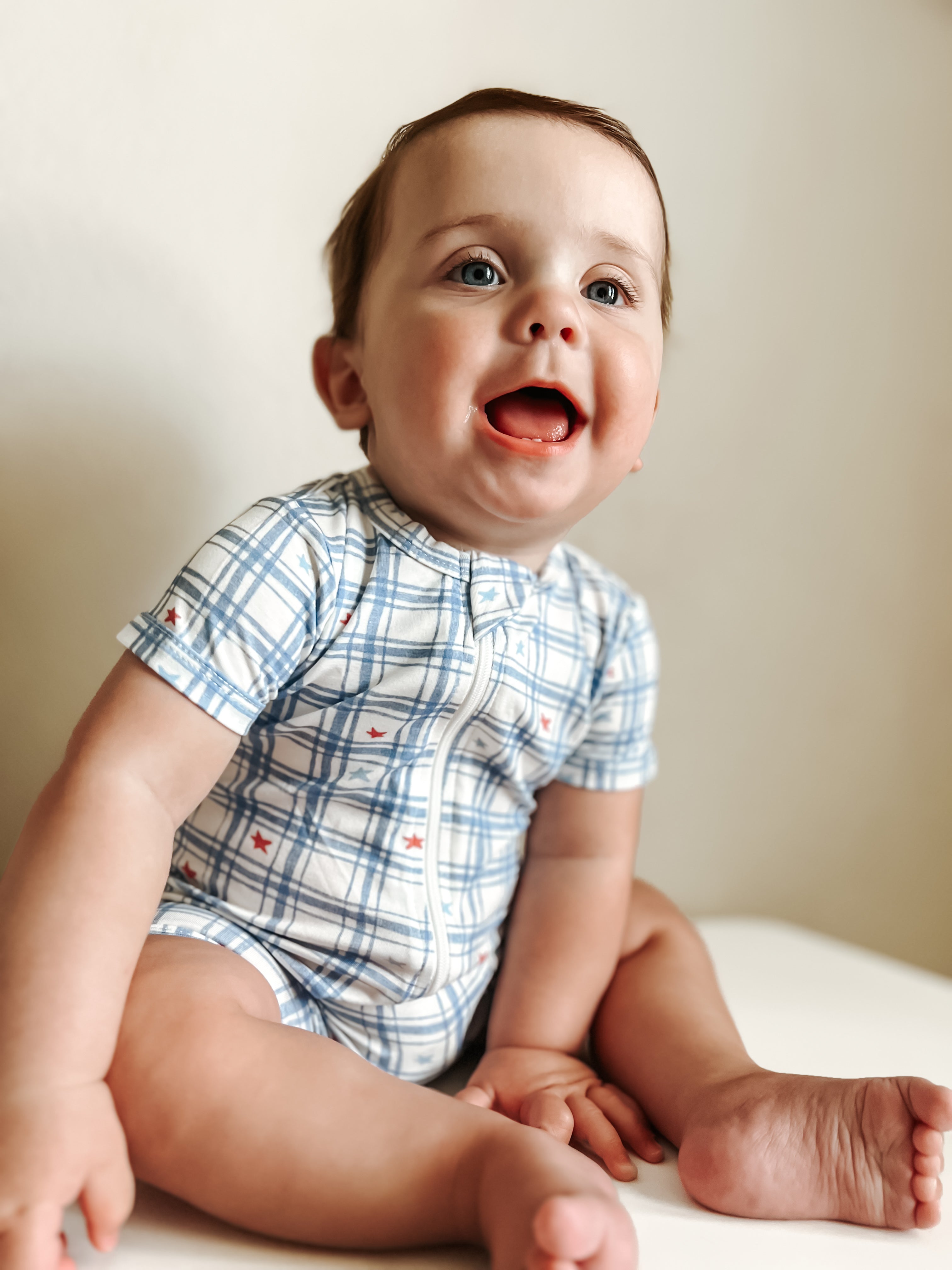 Red White & Blue Stars Gingham Bamboo Shorty Romper