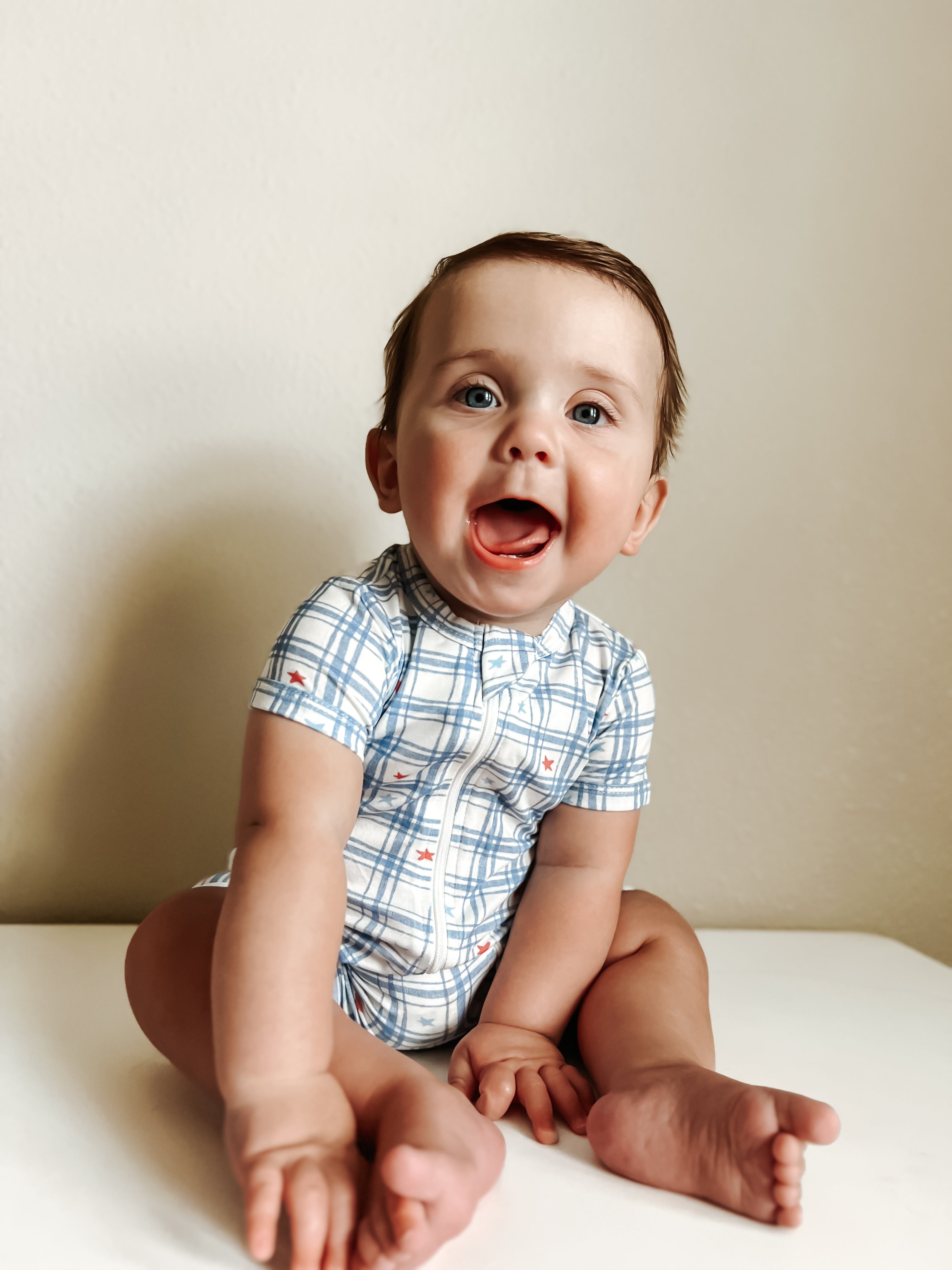 Red White & Blue Stars Gingham Bamboo Shorty Romper