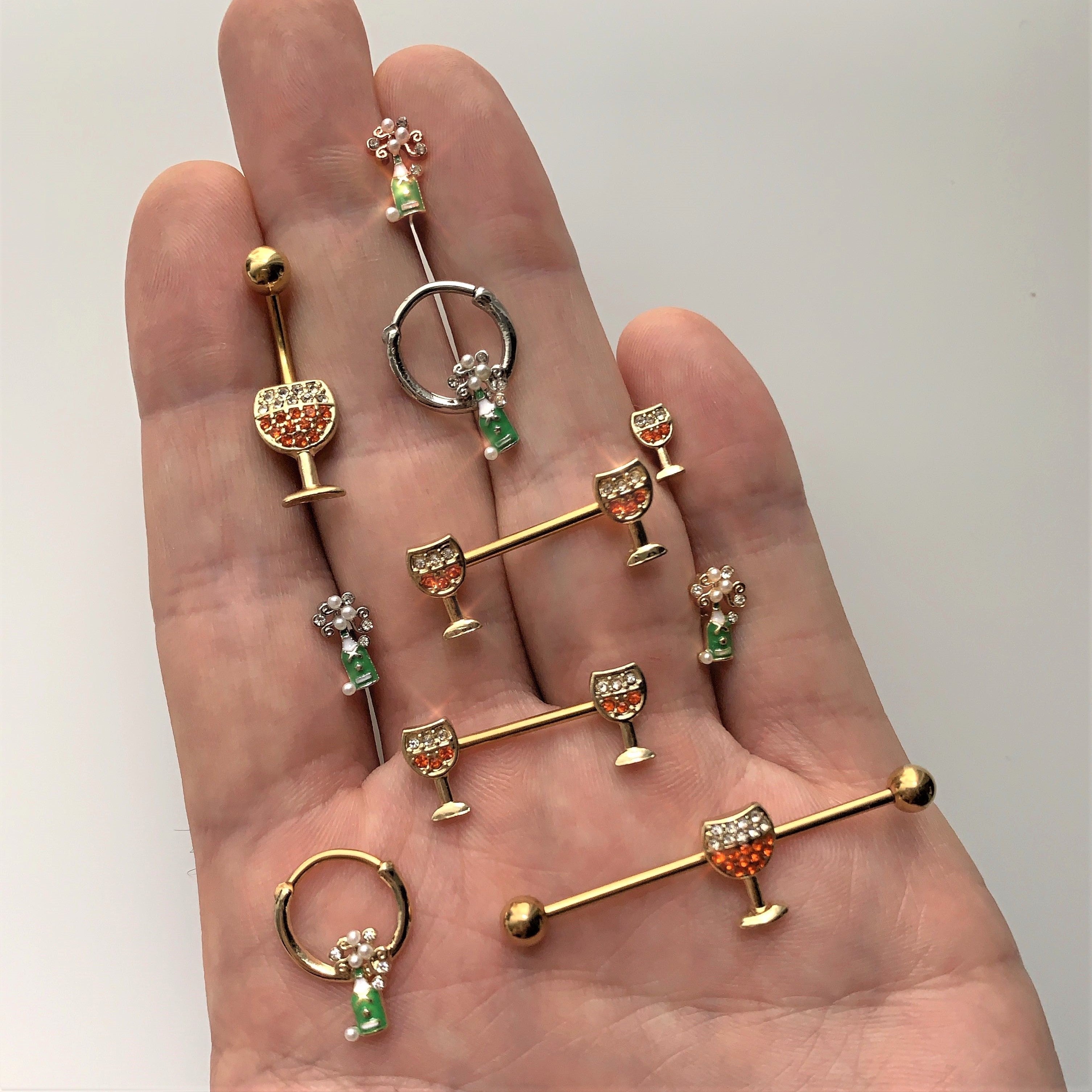 16G 3/8 Clear Gem Green Champagne Bottle Holiday Septum Clicker