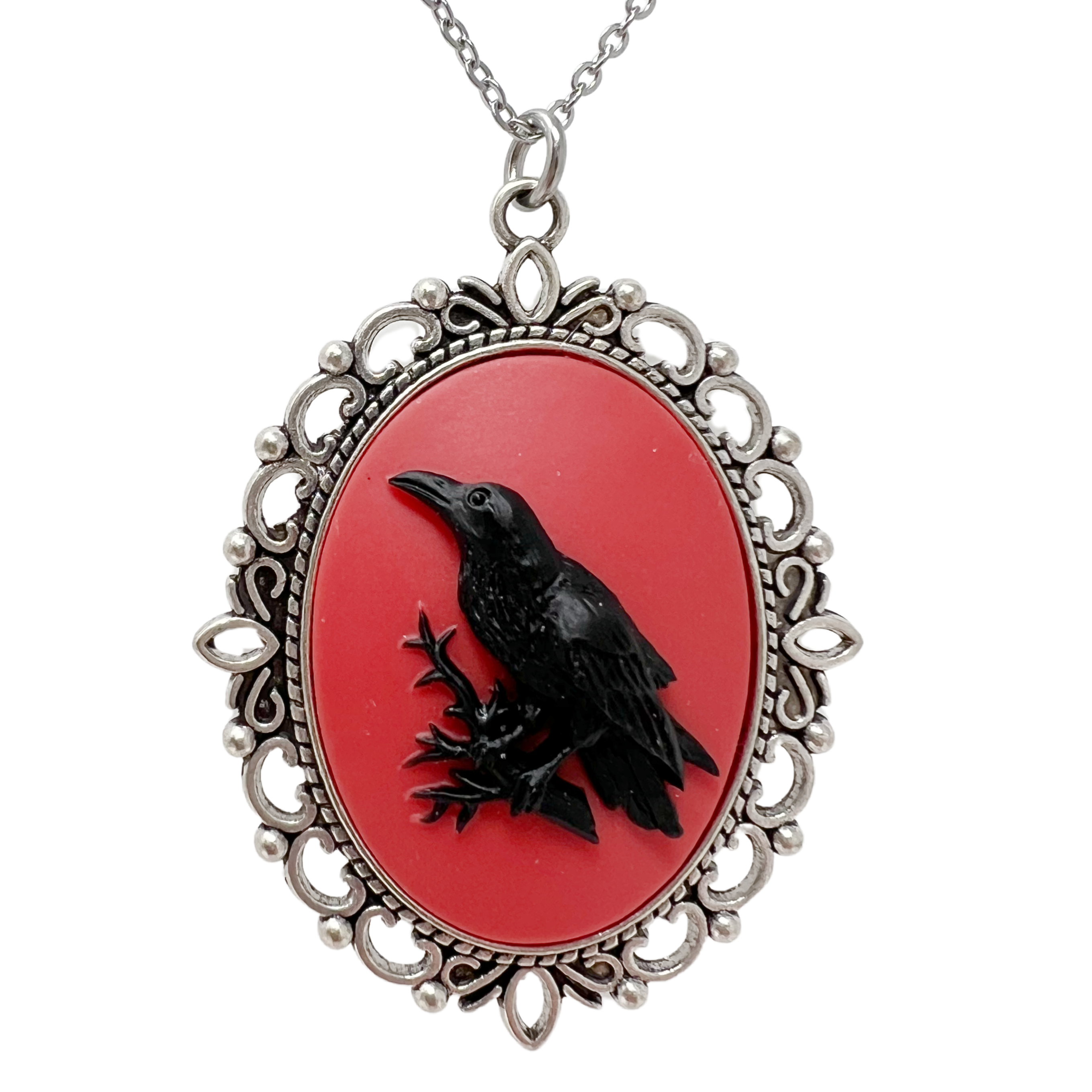 Black Raven Crow Necklace Gothic Bird Cameo Victorian Dark Aesthetic Jewelry Silver Bronze