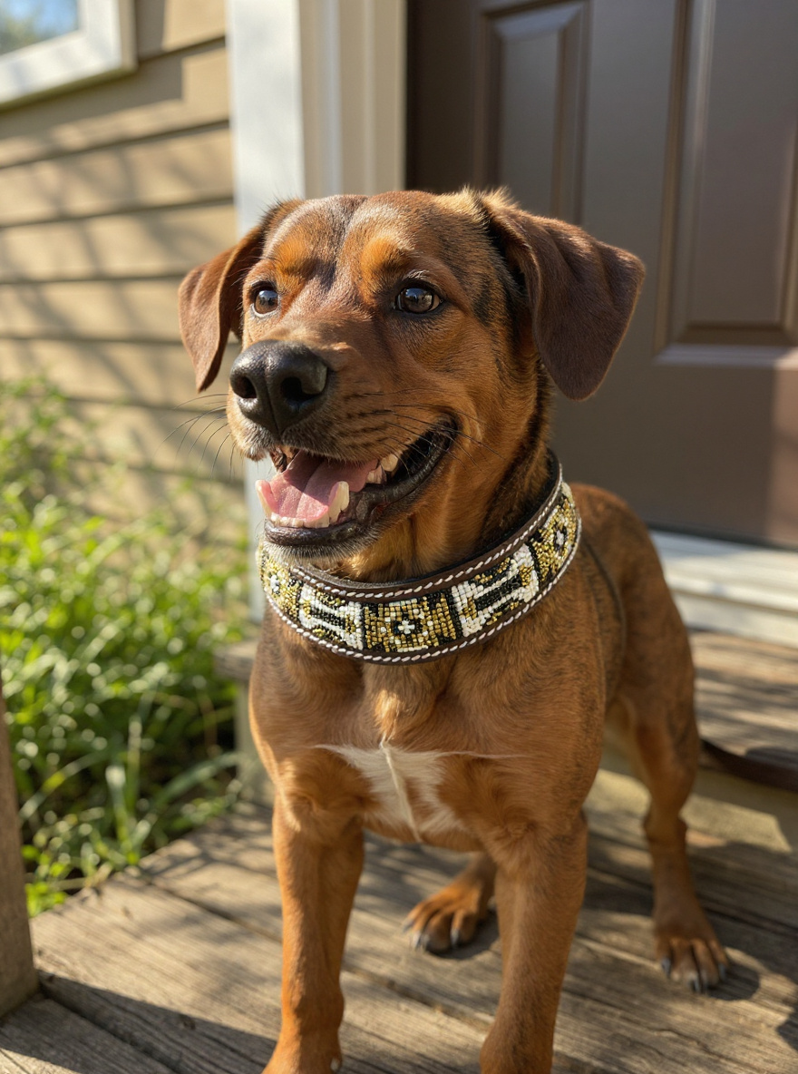 Epic Padded Leather Dog Collar with Beaded Design L