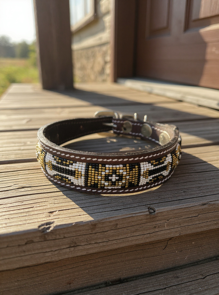 Epic Padded Leather Dog Collar with Beaded Design L