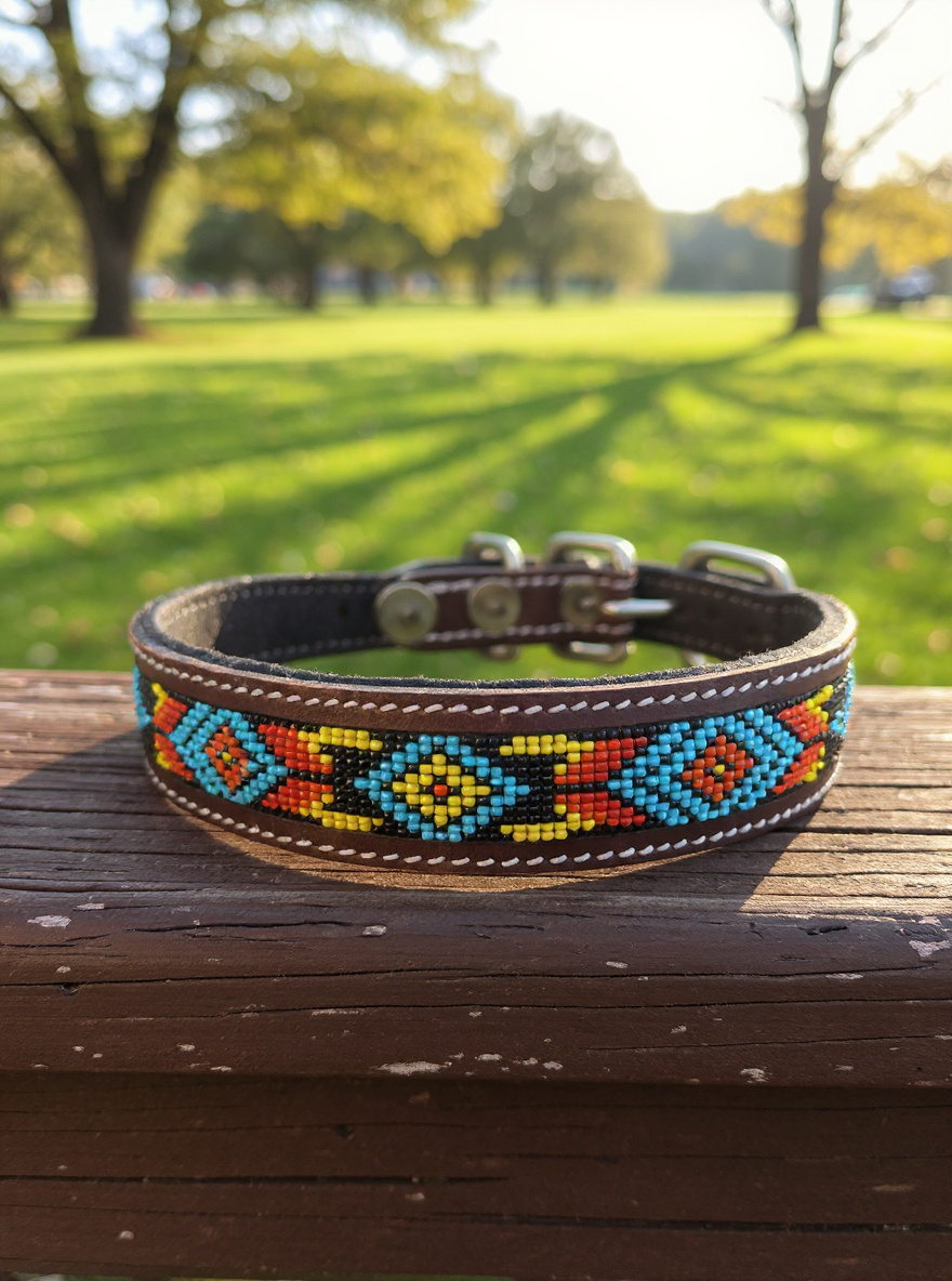 Epic Padded Leather Dog Collar with Beaded Design M