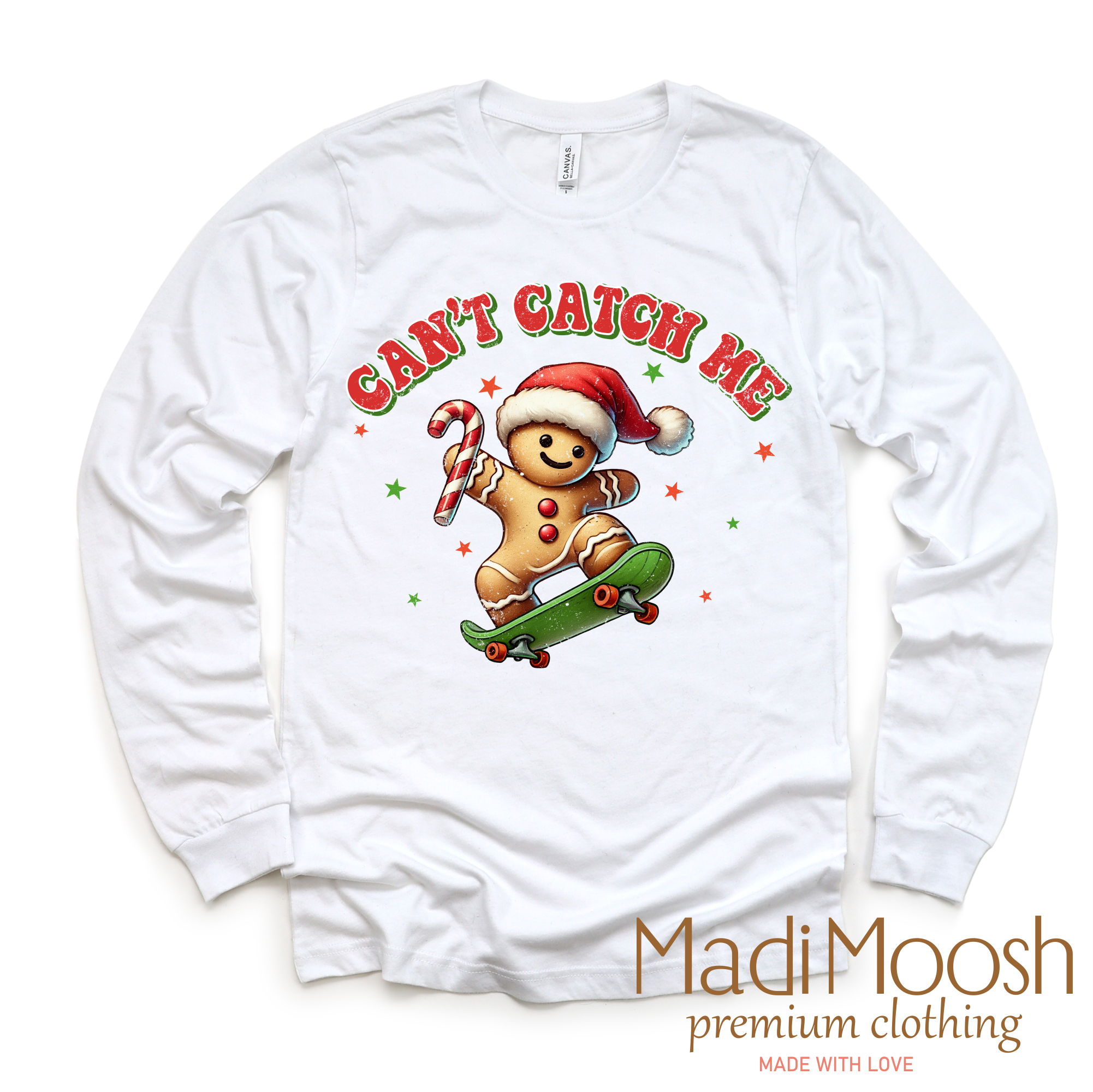 Can't Catch Me Gingerbread Man Christmas Tee - Long Sleeve White Shirt
