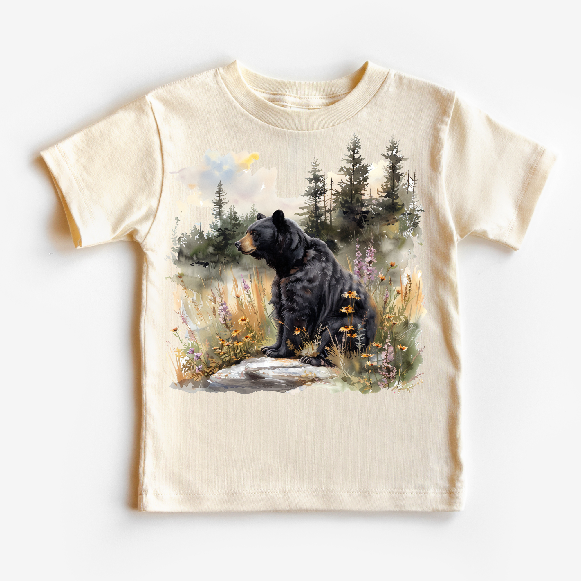 Retro Grizzly Bear Watercolor Nature Scene Shirt - Kids Tee