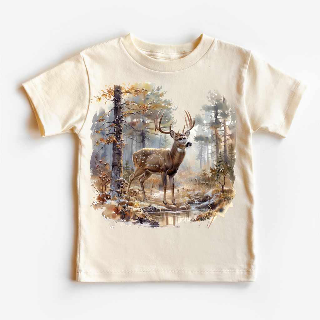 Retro Deer Watercolor Nature Scene Buck Shirt - Kids Tee