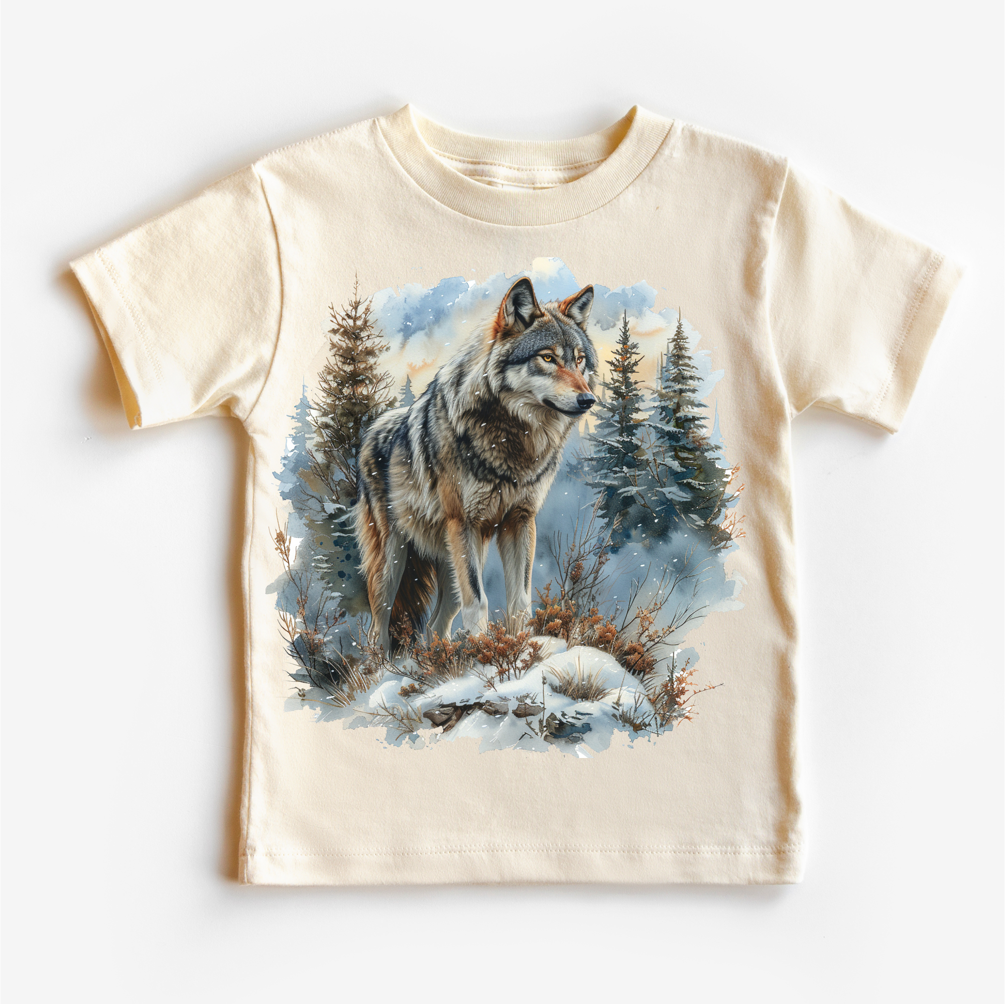 Retro Wolf Watercolor Nature Scene Shirt - Kids Tee