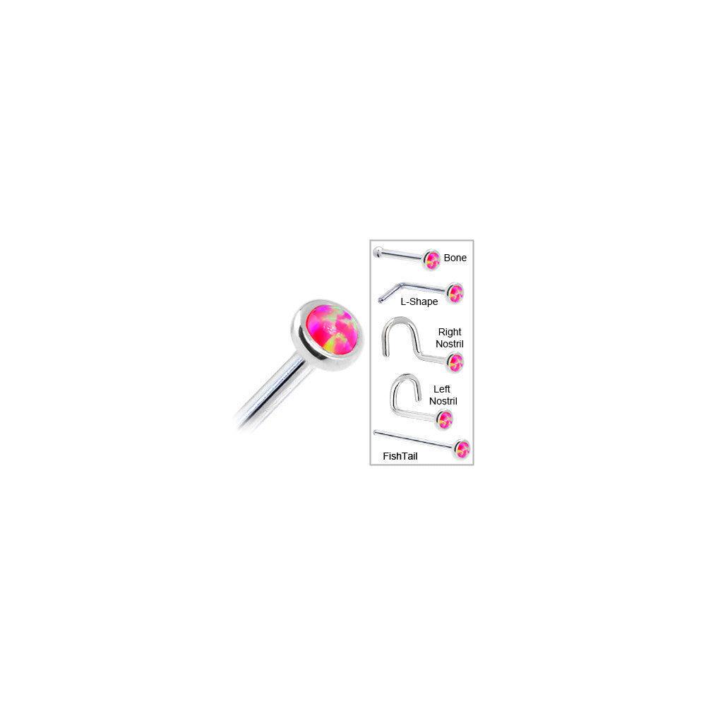 Solid 14K White Gold 2mm Brilliant Pink Synthetic Opal Nose Ring