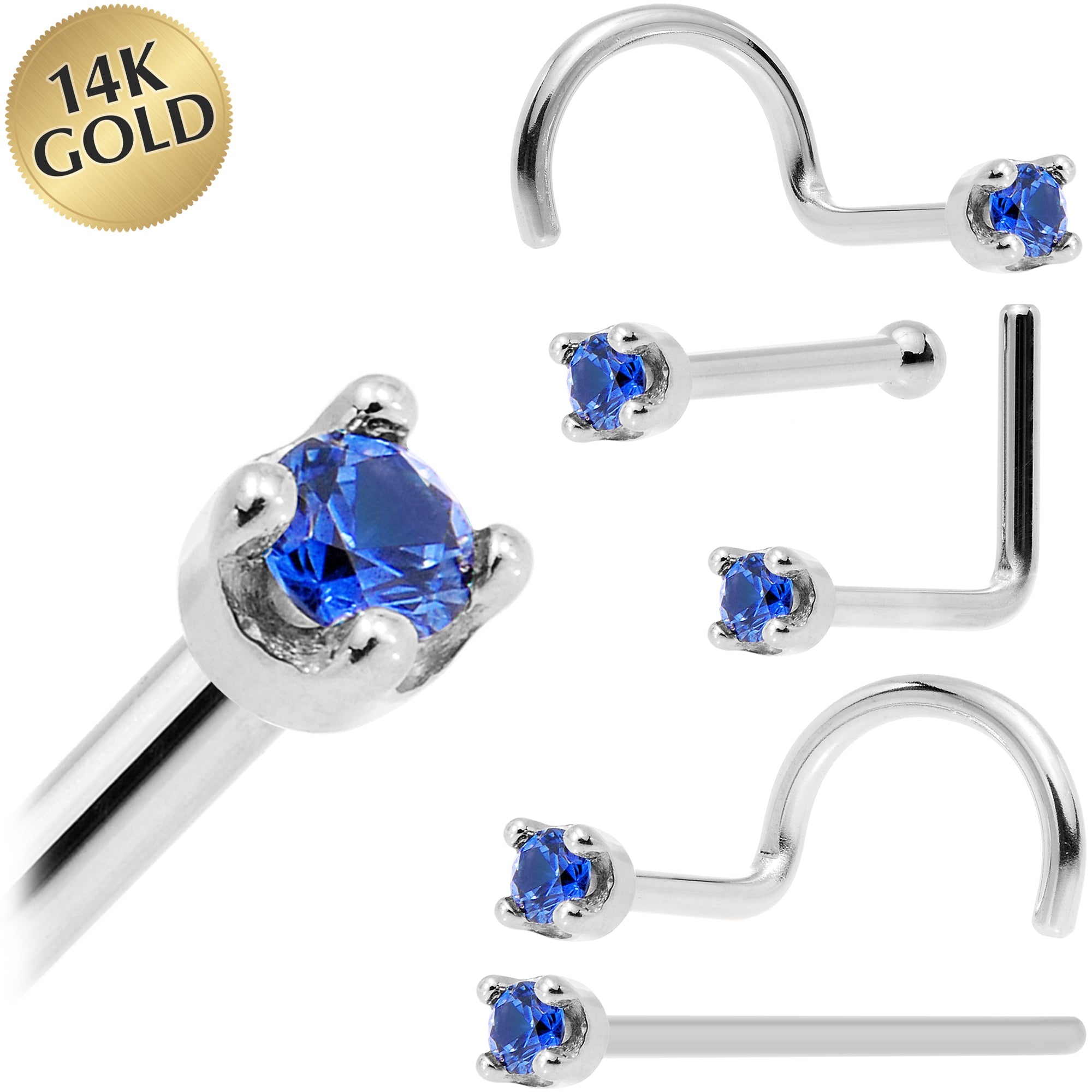 Solid 14K White Gold 1.5mm Genuine Blue Sapphire Nose Stud Ring