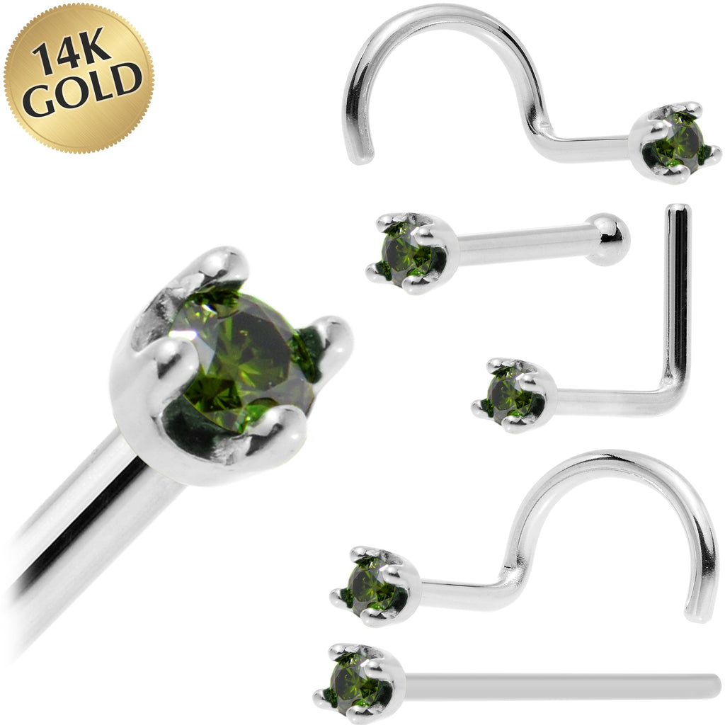 Solid 14K White Gold 1.5mm Genuine Green Diamond Nose Ring
