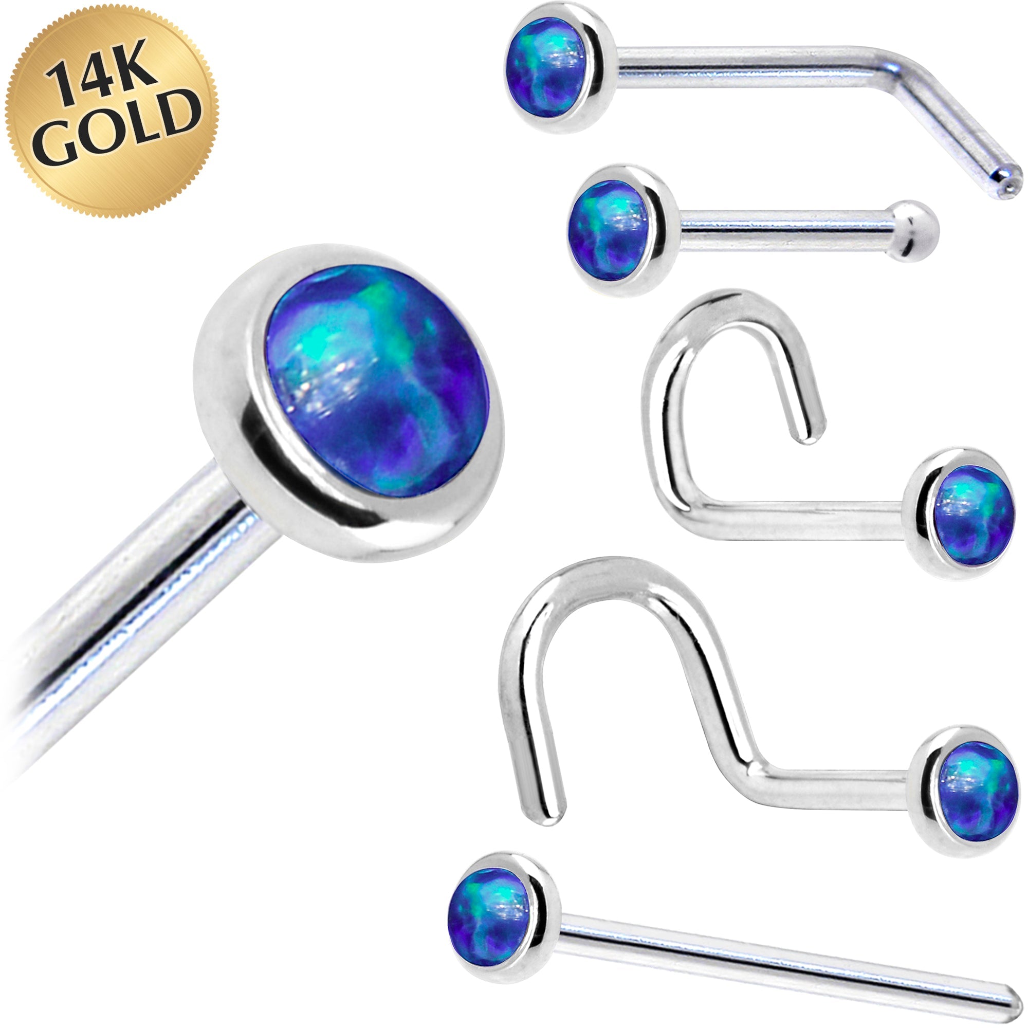 Solid 14K White Gold 2mm Dark Blue Synthetic Opal Nose Ring