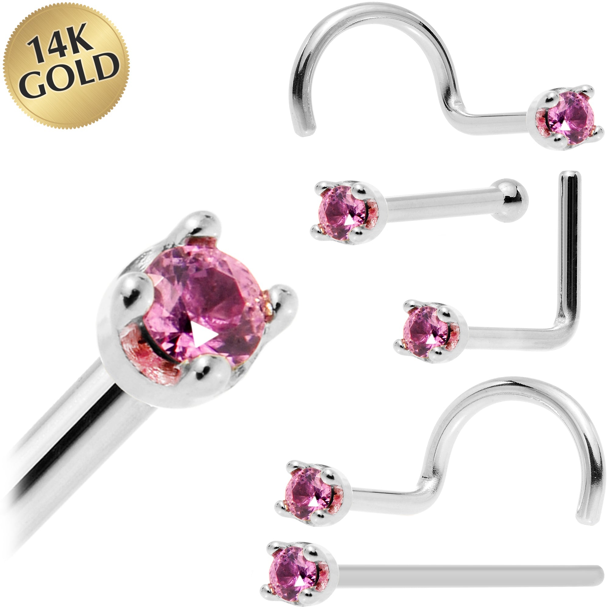 Solid 14K White Gold 1.5mm Genuine Pink Sapphire Nose Ring