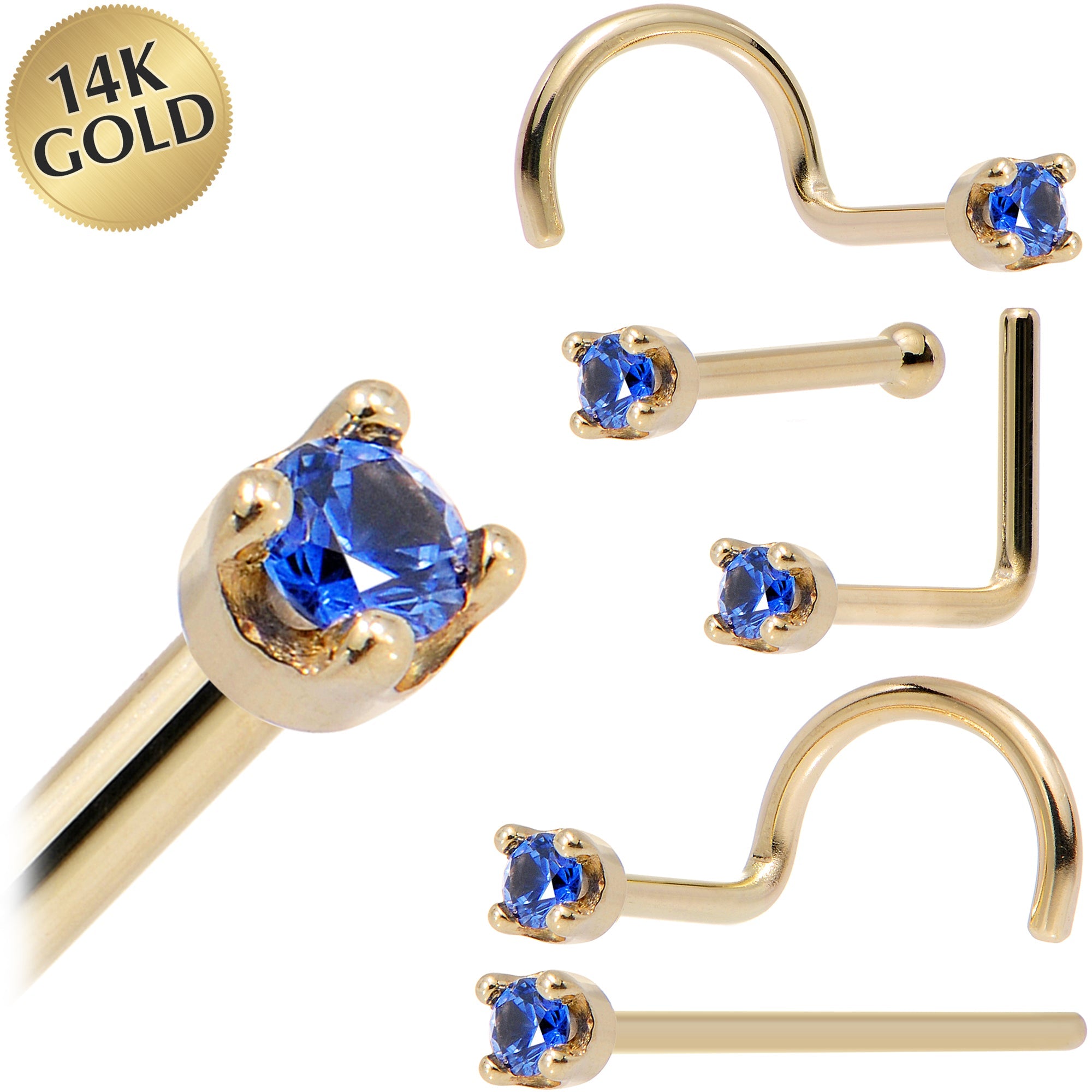 Solid 14K Yellow Gold 1.5mm Genuine Blue Sapphire Nose Stud Ring