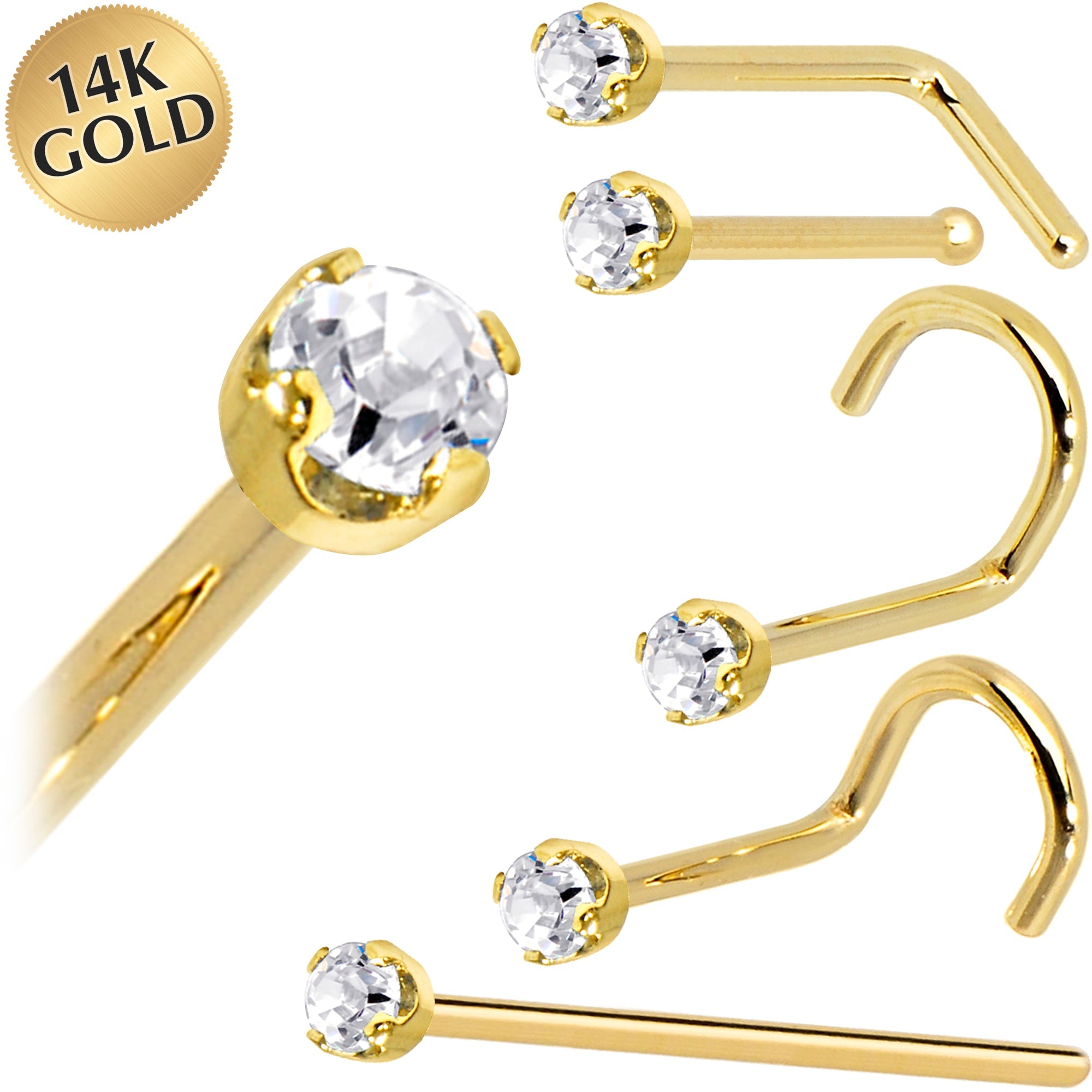 Solid 14K Yellow Gold 2mm Clear Cubic Zirconia Nose Ring