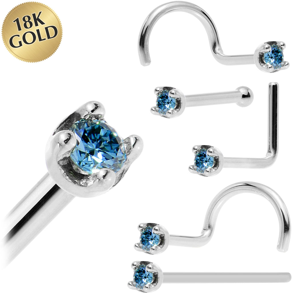 Solid 18K White Gold 1.5mm Genuine Blue Diamond Nose Ring
