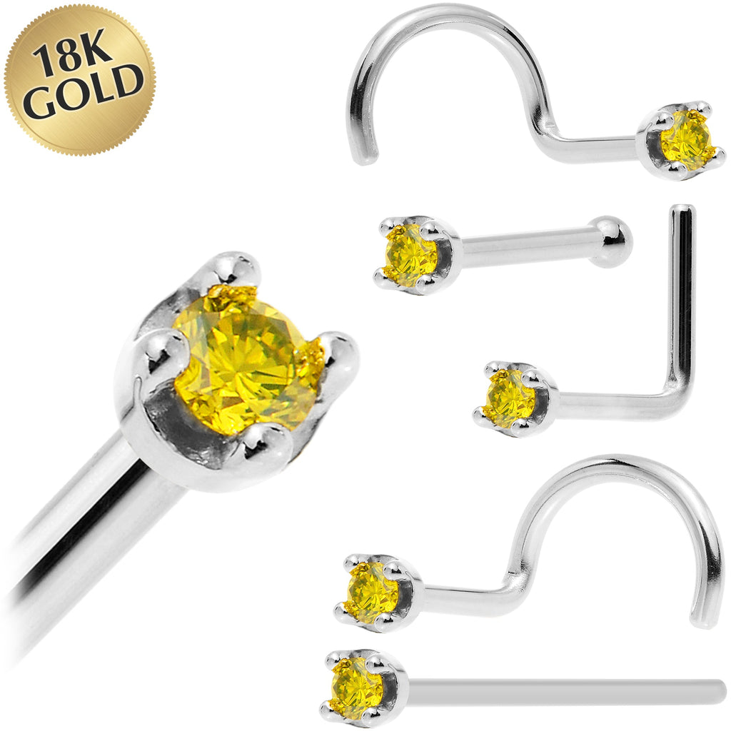 Solid 18K White Gold 1.5mm Genuine Yellow Diamond Nose Ring