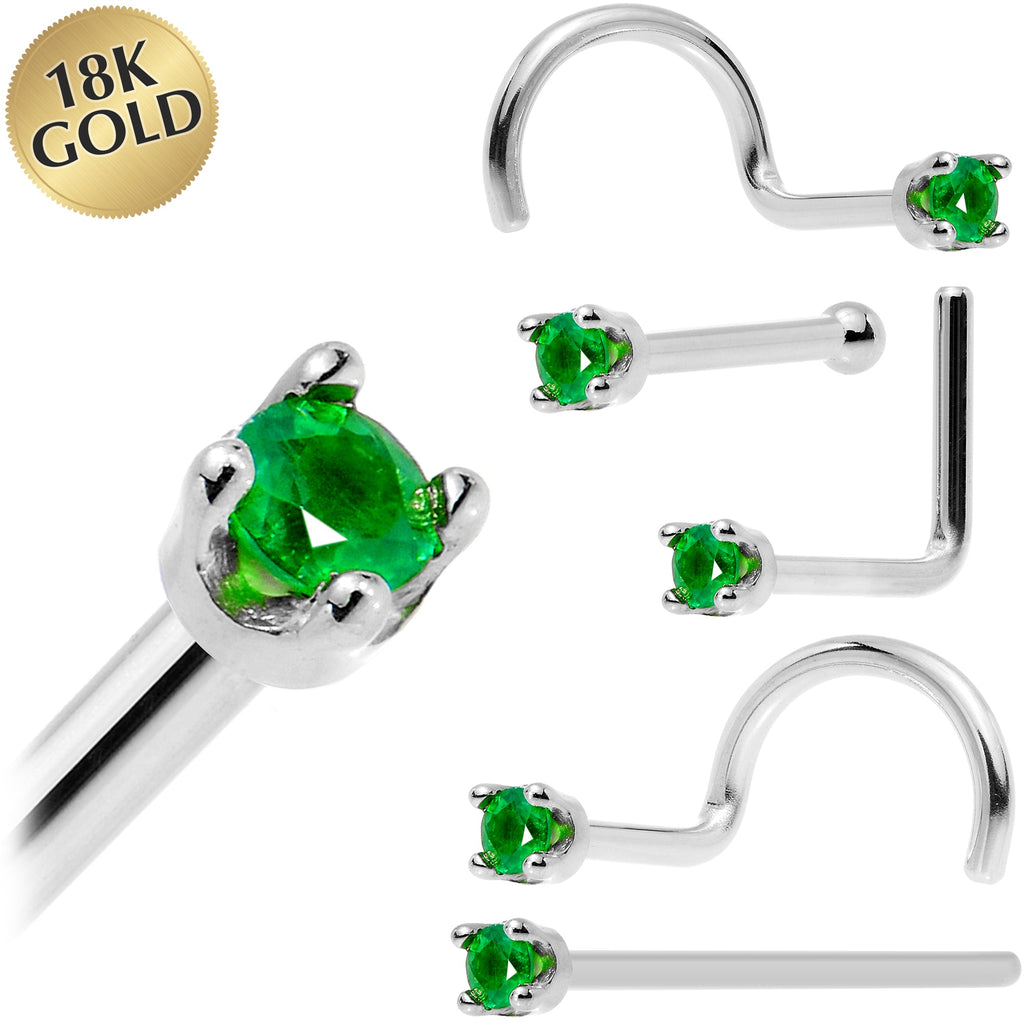 Solid 18K White Gold 1.5mm Genuine Emerald Nose Ring
