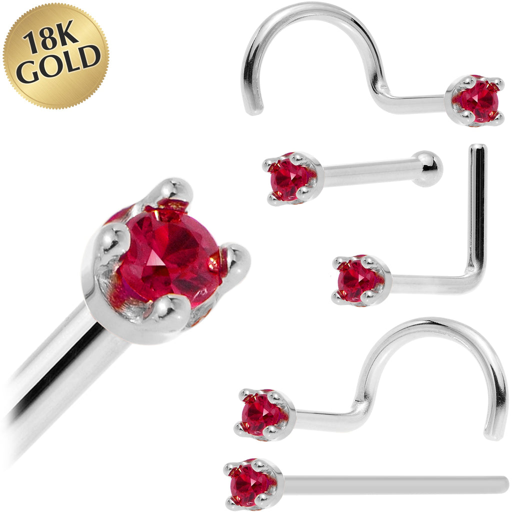 Solid 18K White Gold 1.5mm Diamond Cut Genuine Ruby Nose Ring