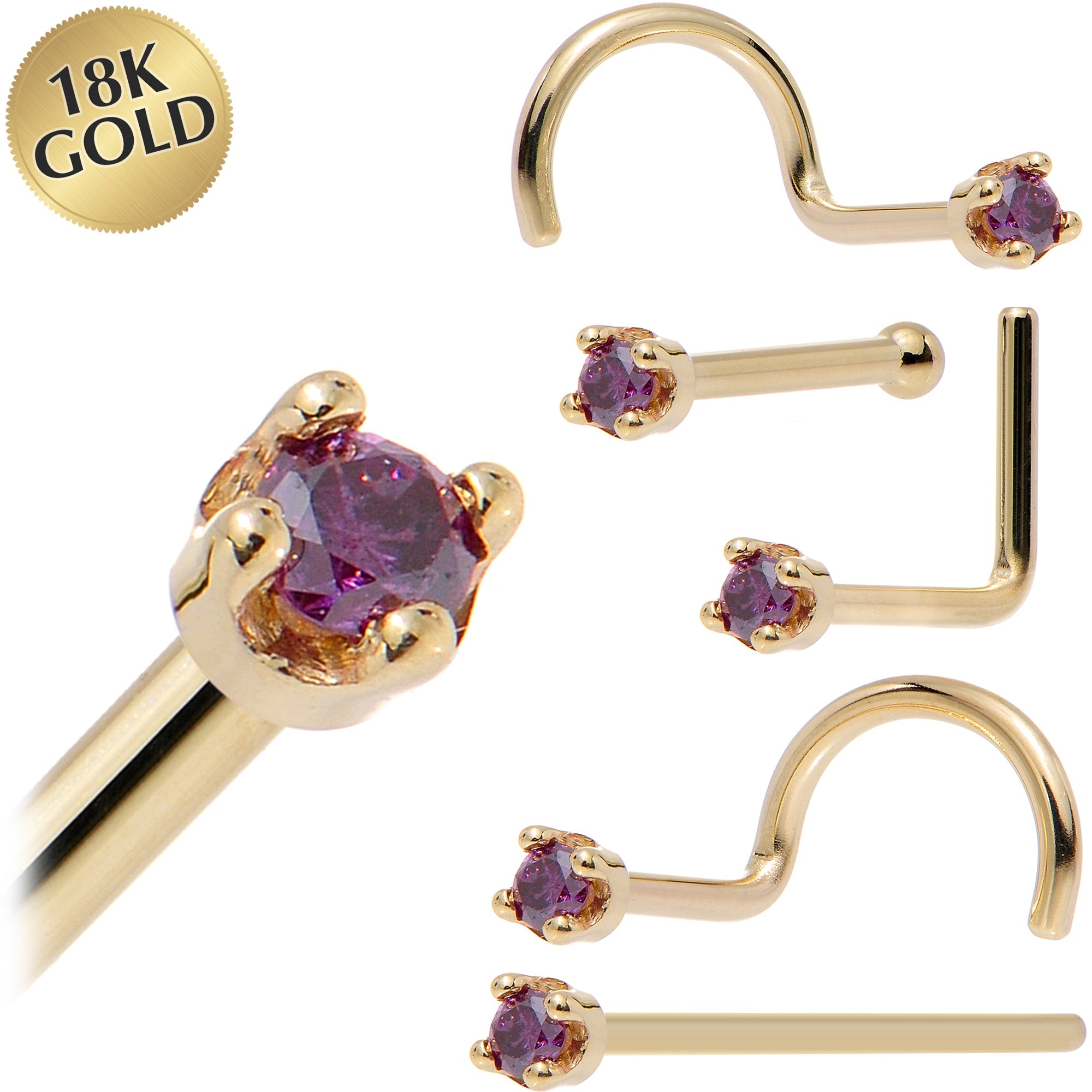 Solid 18K Yellow Gold 1.5mm Genuine Purple Diamond Nose Ring