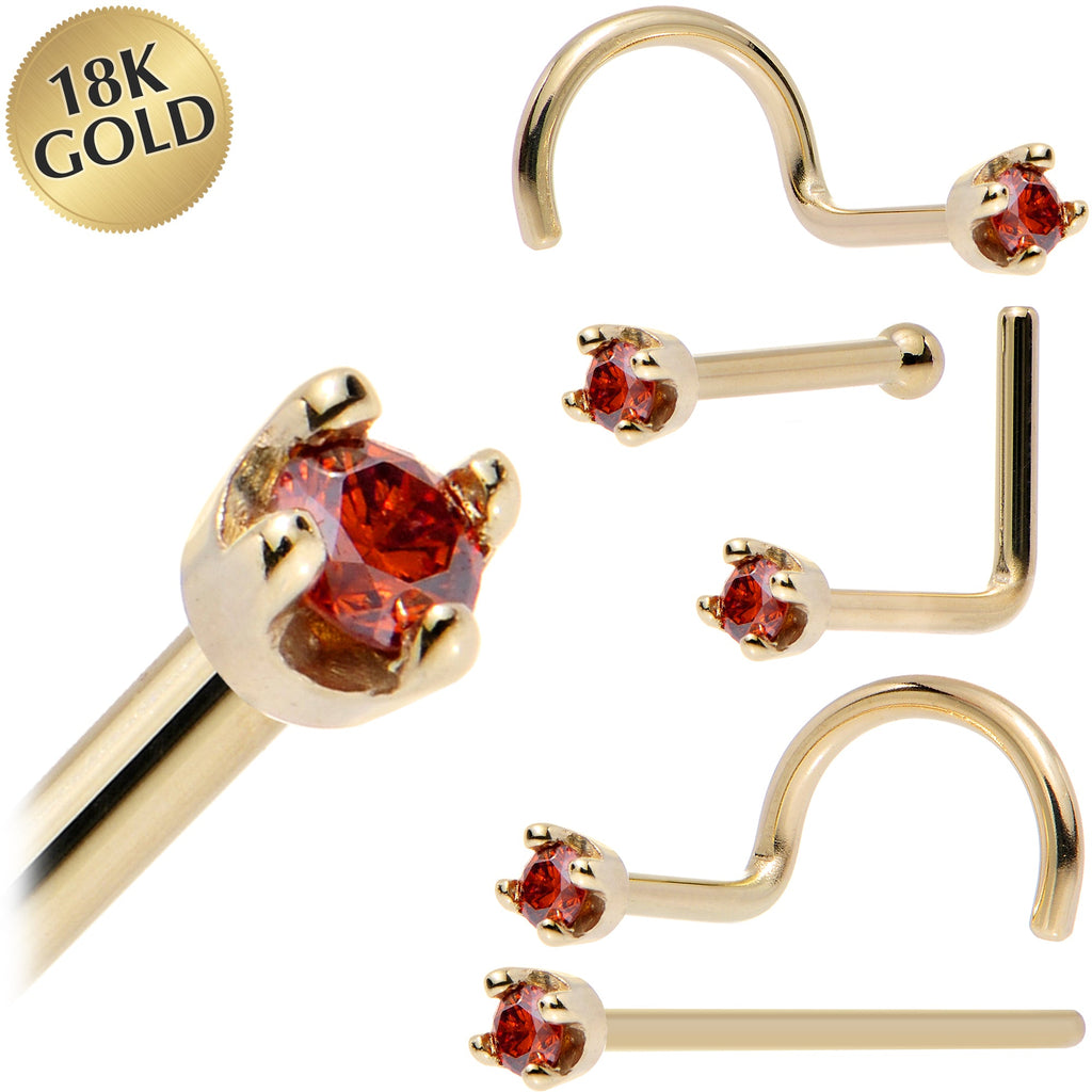 Solid 18K Yellow Gold 1.5mm Genuine Red Diamond Nose Ring