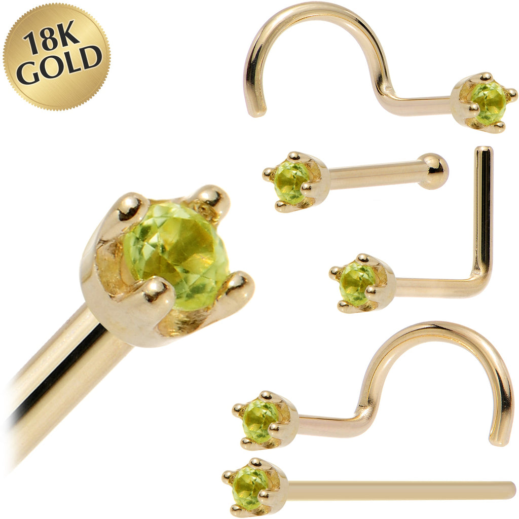 Solid 18K Yellow Gold 1.5mm Genuine Peridot Nose Ring