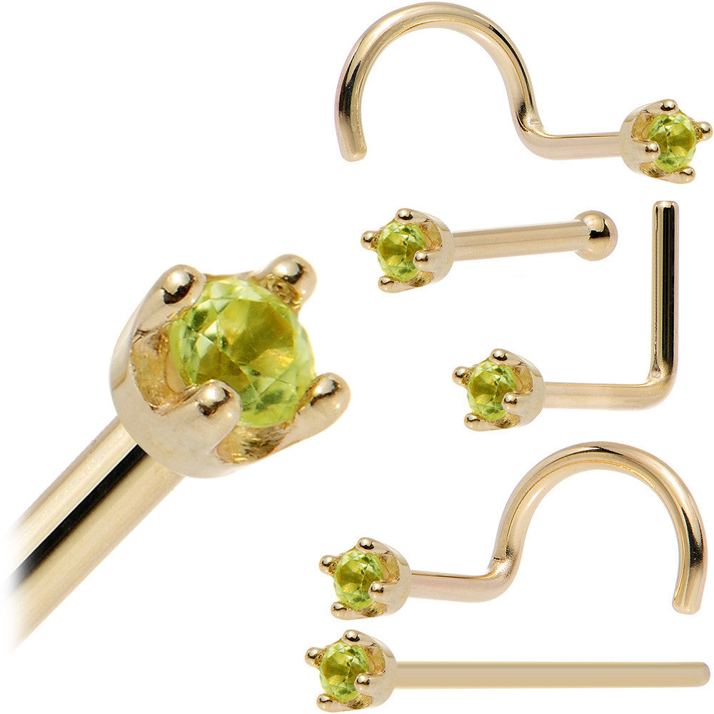Solid 18K Yellow Gold 1.5mm Genuine Peridot Nose Ring