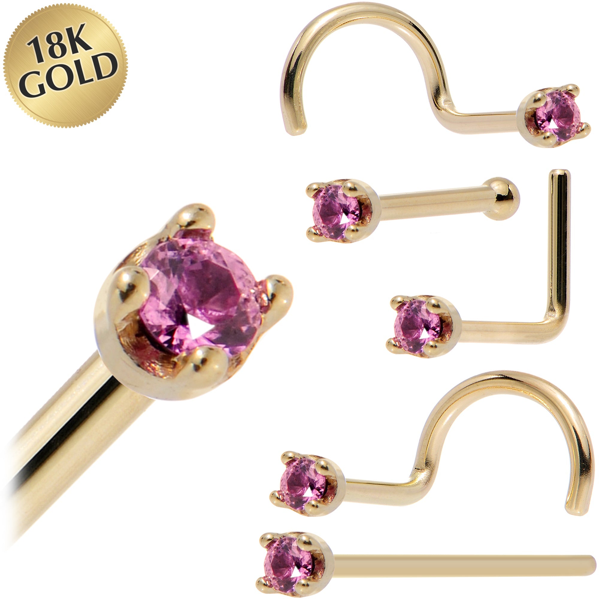Solid 18K Yellow Gold 1.5mm Genuine Pink Sapphire Nose Ring
