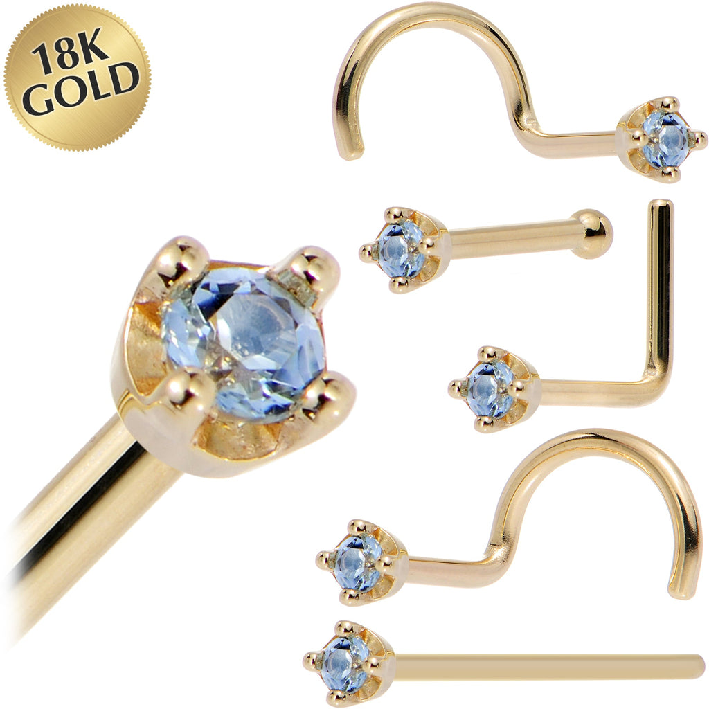 Solid 18K Yellow Gold 1.5mm Genuine Topaz Nose Ring