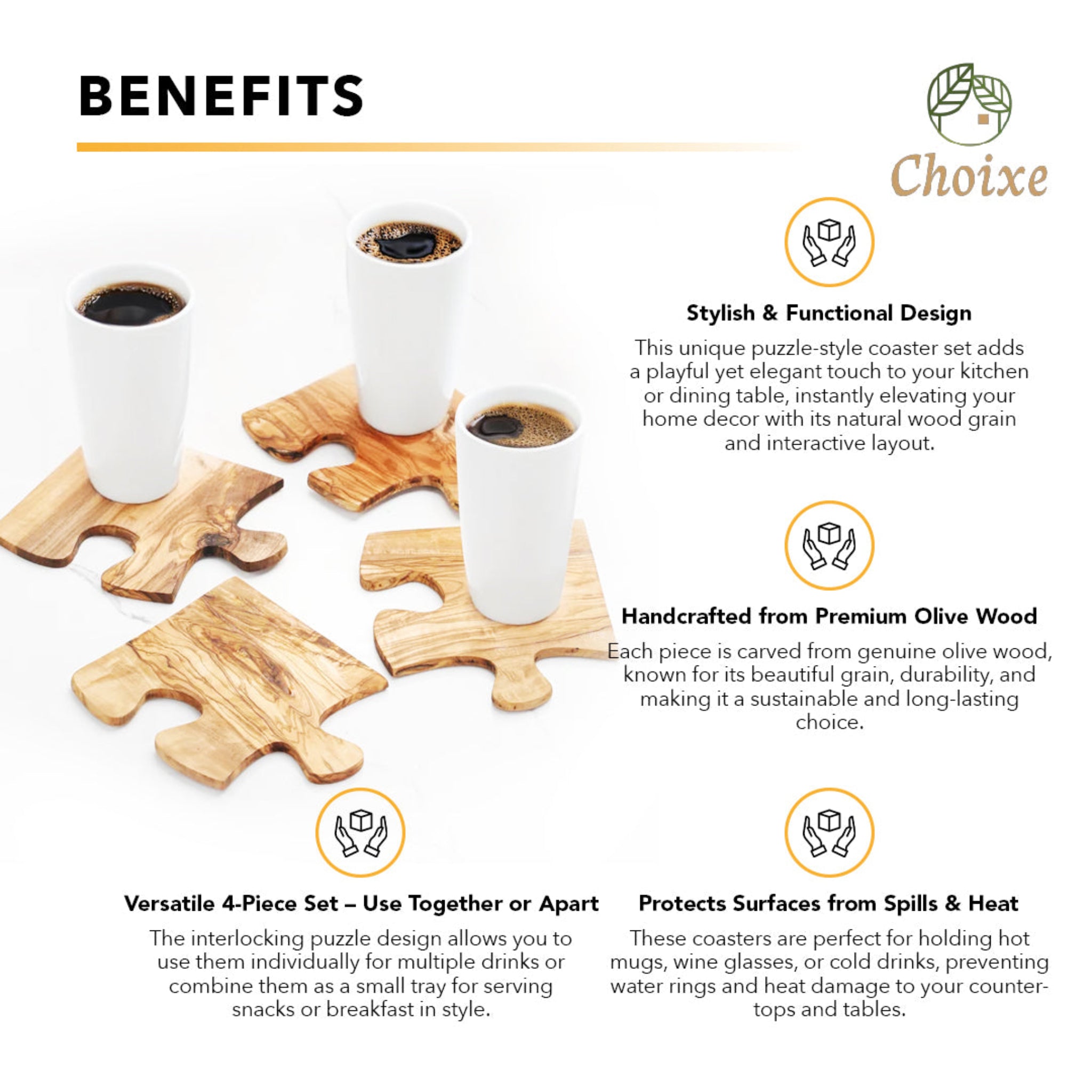 Olive Wood Coaster Puzzle 4-Pcs Set.