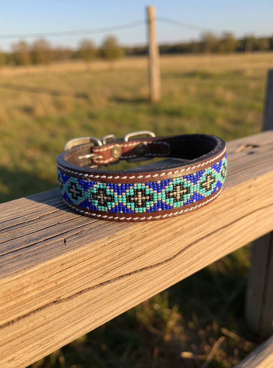 Epic Padded Leather Dog Collar with Beaded Design P