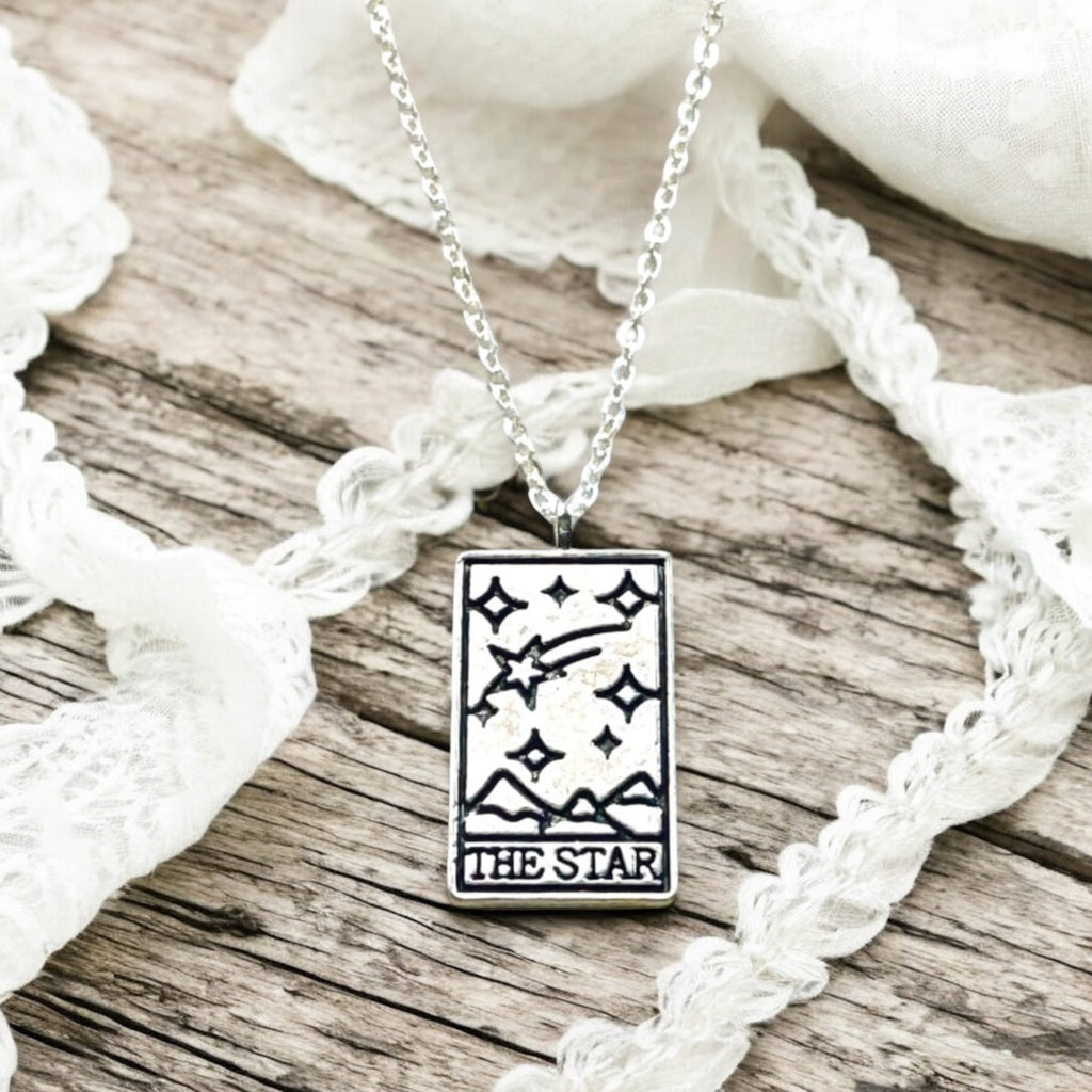 Vintage Tarot Card Necklace Silver Mystic Sun Moon Star Fortune Pendant