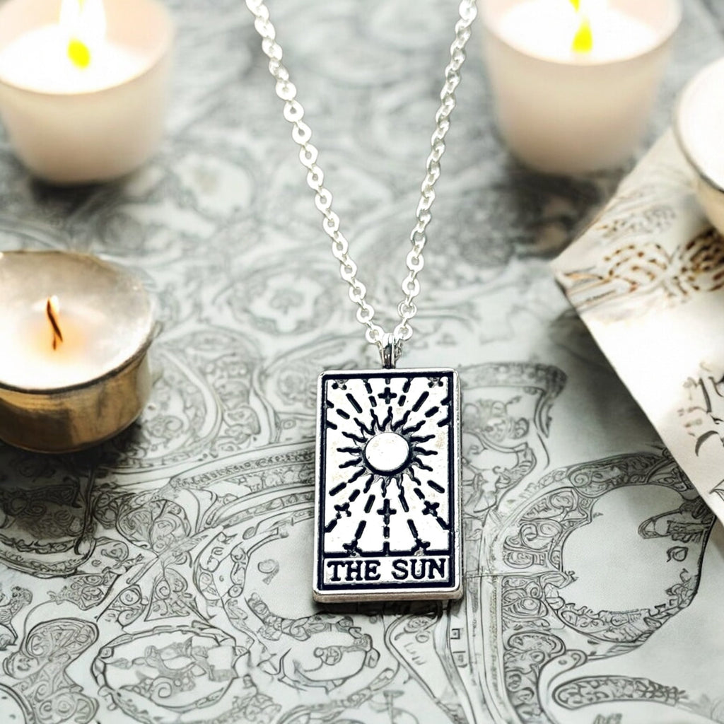 Vintage Tarot Card Necklace Silver Mystic Sun Moon Star Fortune Pendant
