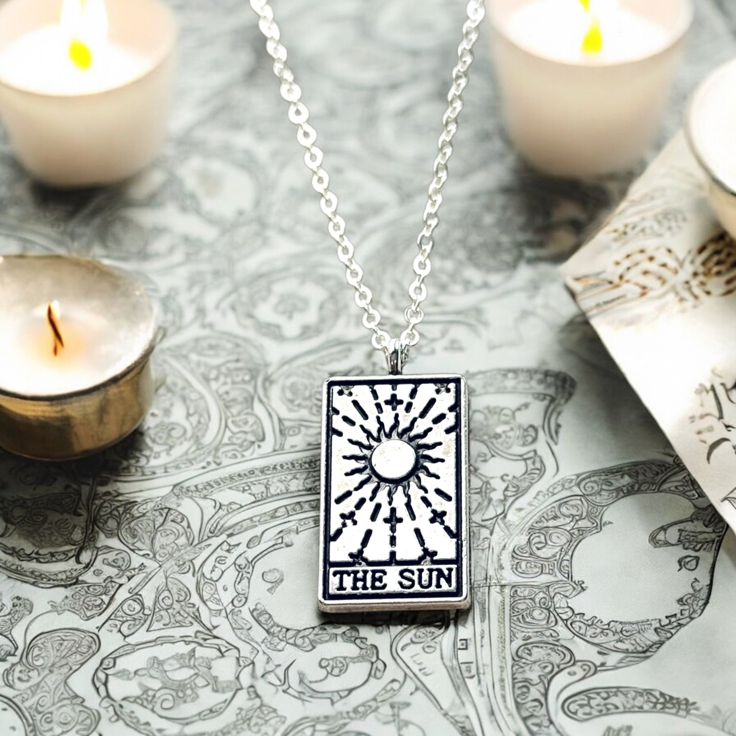 Vintage Tarot Card Necklace Silver Mystic Sun Moon Star Fortune Pendant