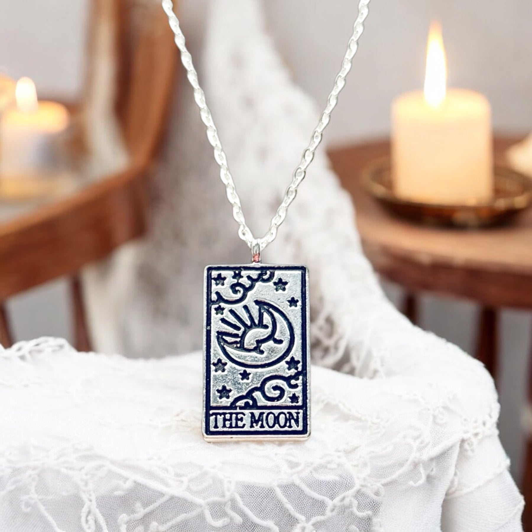 Vintage Tarot Card Necklace Silver Mystic Sun Moon Star Fortune Pendant